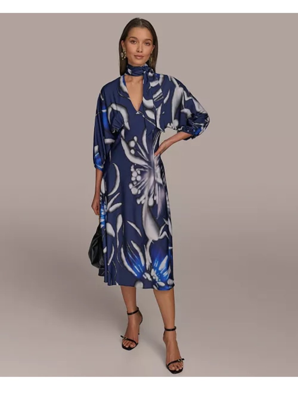 Donna Karan Navy and White Floral Midi Dress with Neck Tie